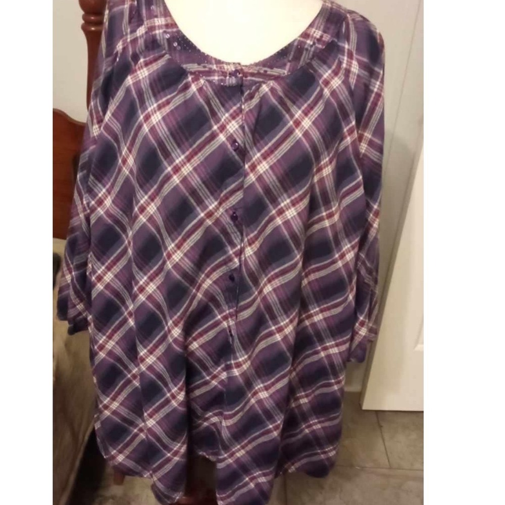 Liz & Me Purple‎ Plaid Button Front Blouse Cotton Top 5X 34/36W